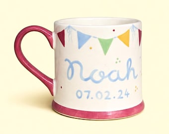 Hand-painted Children’s Mug with Name & Birth Date Keepsake. New Baby Gift. Baby Shower. Christening. Birthday. Bunting Design.