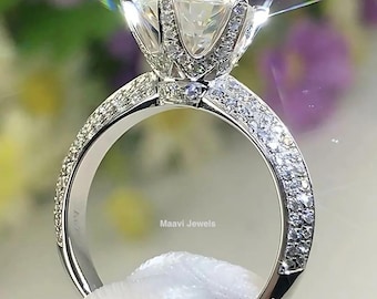 Round Lab grown Diamond Pave Ring, 1.50ct Lab Diamond Ring, Engagement Ring, IGI Certified, wedding ring for Her, 14k gold diamond ring