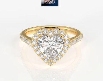 1.50Ct Heart Cut Lab Grown Diamond  Halo Ring, Lab Diamond Engagement Ring, IGI Certified, Proposal Ring, Anniversary Ring, Promise Ring