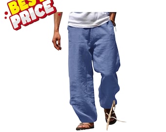 Herren Leinen Baumwolle Hose mit geradem Bein Atmungsaktiv Leichte Lässige Strand Sommerhose