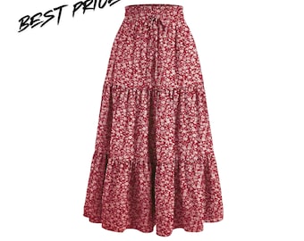 Women's Bohemian A Line Midi Skirt With Elastic Waist, Casual Summer Flowy Long Skirt