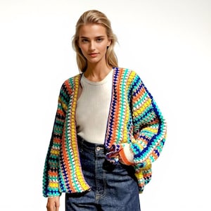 Rainbow Knit Cardigan, Women&#39;s Colorful Striped Sweater, Bright Bohemian Outerwear, Chunky Knit Jacket, Happy Vibes Fashion