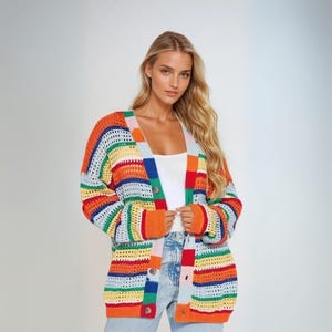 Striped Crochet Cardigan, Women&#39;s Colorful Knit Sweater, Boho Style Outerwear, Chunky Knit Jacket, Unique Fashion