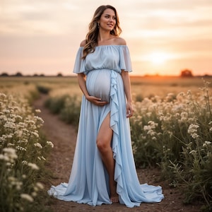Sukienka ciążowa na sesję zdjęciową – szyfonowa sukienka z odkrytymi ramionami i falbaniastymi rękawami – Baby Shower, sesja ciążowa i specjalne okazje