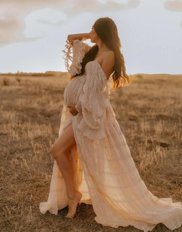 Seraphina Maternity Dress - Flowy Pregnancy Dress for Maternity Photoshoot, Baby Shower, Beige Maxi Dress