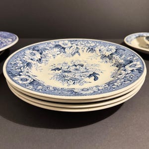 Può includere: Una pila di quattro piatti in ceramica bianca con un motivo floreale blu. I piatti hanno un bordo blu e un motivo floreale dettagliato al centro. I piatti sono impilati su una superficie scura.