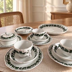Op de afbeelding: Een wit porseleinen servies met een geschulpte rand en een donkergroen druivenrankpatroon. De collectie bevat theekopjes, schoteltjes, kleine kommen, een suikerpot met deksel en grotere borden op een linnen tafelloper.