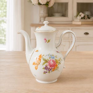 Può includere: Caffettiera in porcellana bianca con coperchio, con un design floreale nei toni del rosa, arancione, blu e viola. Il manico e il bordo sono rifiniti con dettagli dorati. La caffettiera è su una superficie di legno chiaro.