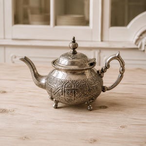 Vintage Moroccan Silver-Tone Footed Teapot, Signed Fez Berrad, Engraved Arabic Moorish Mint Tea Pot