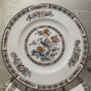 Könnte beinhalten: Weiße Porzellanteller mit floralem und Vogeldesign. Die Teller zeigen ein zentrales Bild eines Vogels, der zwischen orangefarbenen und rosa Blumen sitzt, umgeben von einem grünen und braunen Rand. Zusätzliche Blumenmuster sind am Rand platziert.