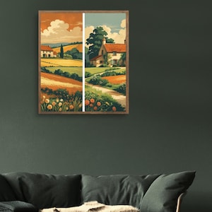 Set of 2 French Country Prints, Landscape Wall Art, Giclée Mailed Art Print, Farmhouse Vintage Prints, Canvas Painting, Cottage Wall Art.