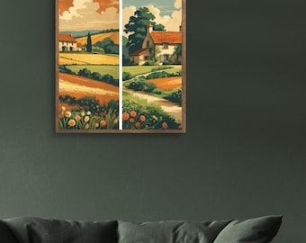 フランスの田舎風プリント 2 枚セット、風景画ウォールアート、ジクレー郵送アートプリント、農家風ビンテージプリント、キャンバス絵画、コテージ風ウォールアート。