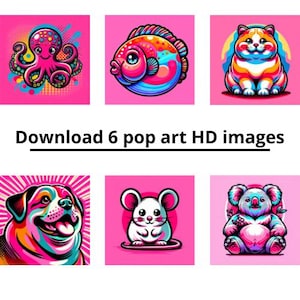 May include: Six colorful pop art illustrations on a pink background. The illustrations include an octopus, a fish, a cat, a dog, a mouse, and a koala.