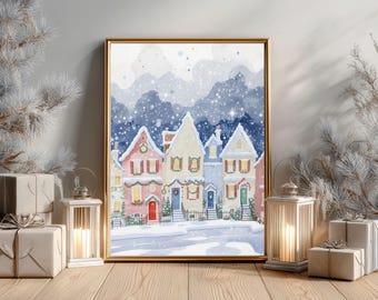 Pastel Christmas Village Art Print | Whimsical Winter Houses (Digital Download)