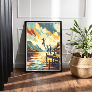 Lake House Wall Art, Summer Wall Art, Kids Jump in Lake, Cabin Lake Jump off Pier, Mountain Lake Décor, Mountain Wall Décor, Printable Art