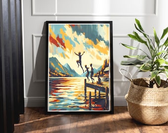 Lake Jump Art Print: Colorful Summer Wall Decor (Digital Download)
