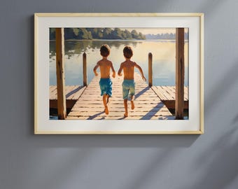 Vintage Lake Dock Boys Art Print, Nostalgic Summer (Digital Download)