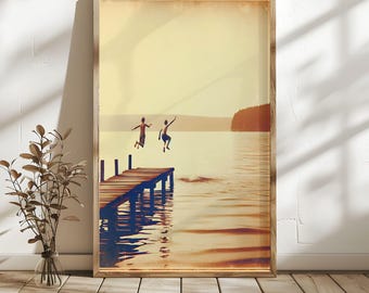 Retro Lake House Print: Kids Jumping off Pier (Digital Download)