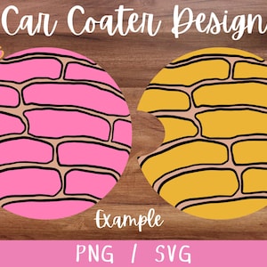 May include: Two car coasters with a brick design, one pink and one yellow, with black outlines. The image includes the text "Car Coaster Design" and "12 Colors". The bottom of the image says "Example" and "PNG / SVG".