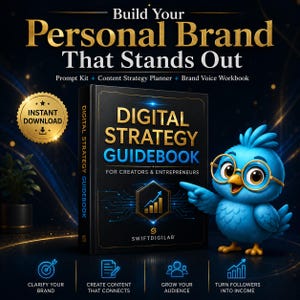 Op de afbeelding: Een zwart boek getiteld Digital Strategy Guidebook for Creators & Entrepreneurs met een blauwe cartoonvogel met een gouden bril die ernaar wijst. De tekst luidt Build Your Personal Brand That Stands Out, Prompt Kit, Content Strategy Planner en Brand Voice Workbook.