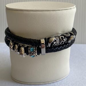 Men&#39;s Leather Viking Bracelet: Snake Skull, Stainless Steel Clasp