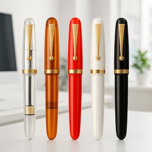 May include: Five fountain pens in different colors: clear, amber, red, white, and black. Each pen has a gold-colored trim and a clip.