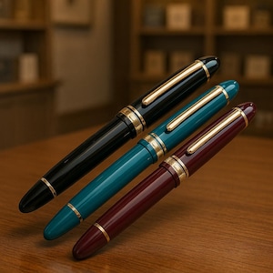 May include: Three fountain pens with gold accents. The pens are black, teal, and burgundy.