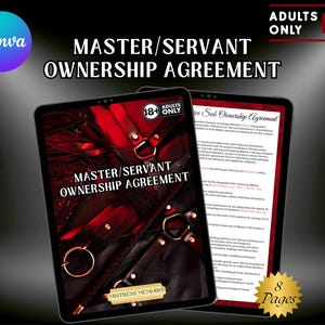 Könnte beinhalten: Zwei digitale Tablets, die eine rot-schwarze "Master/Servant Ownership Agreement" mit dem Text "Mistress Memoirs" anzeigen. Das Bild enthält den Text "Adults Only 18+" und "8 Seiten".