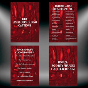 May include: A collection of four red-toned cards with text. The cards feature titles such as "100 SPH & Cuckolding Captions," "40 Humiliating Scenarios w/ Bull," "7 Spicy Hotwife - Cuckold Games," and "Bonus: 20 Dirty Phrases for the Bedroom."