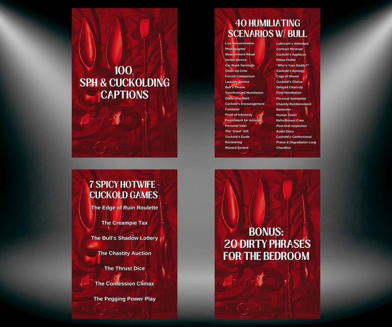 May include: A collection of four red-toned cards with text. The cards feature titles such as "100 SPH & Cuckolding Captions," "40 Humiliating Scenarios w/ Bull," "7 Spicy Hotwife - Cuckold Games," and "Bonus: 20 Dirty Phrases for the Bedroom."