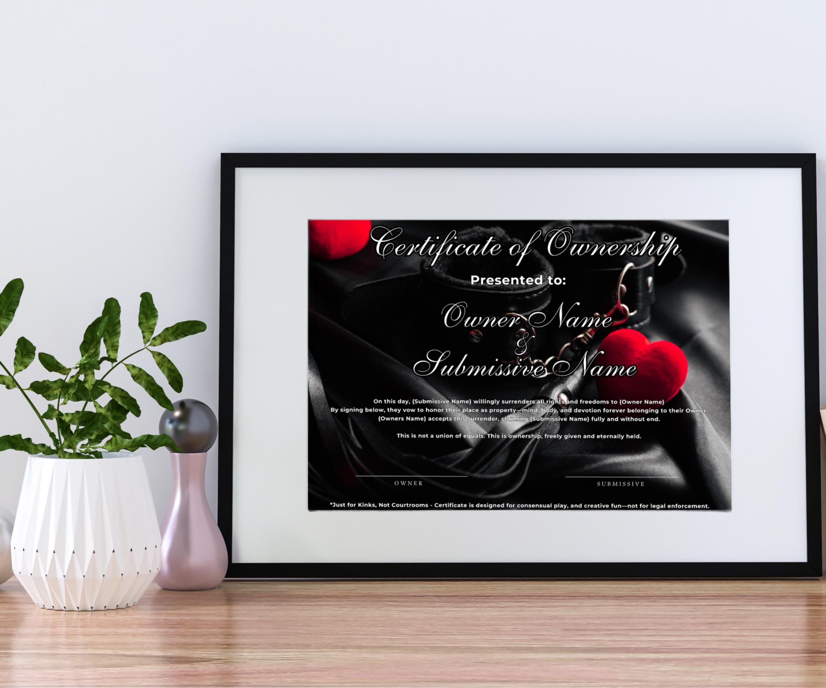 Dom Card Template Simple Design Dom / Sub Certificate of Ownership - Play Time | Customizable ...