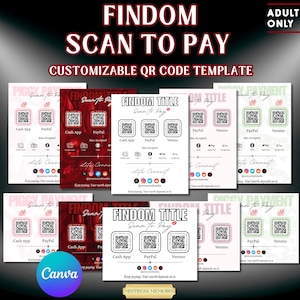 以下が含まれることがあります： 「FINDOM SCAN TO PAY」のテキストが入った、カスタマイズ可能なQRコードテンプレートのコレクション。テンプレートには、Cash App、PayPal、Venmoのオプションが含まれており、ソーシャルメディアのアイコンと「Let's Connect」のテキストも表示されています。画像には「ADULTS ONLY 18」のテキストも含まれています。