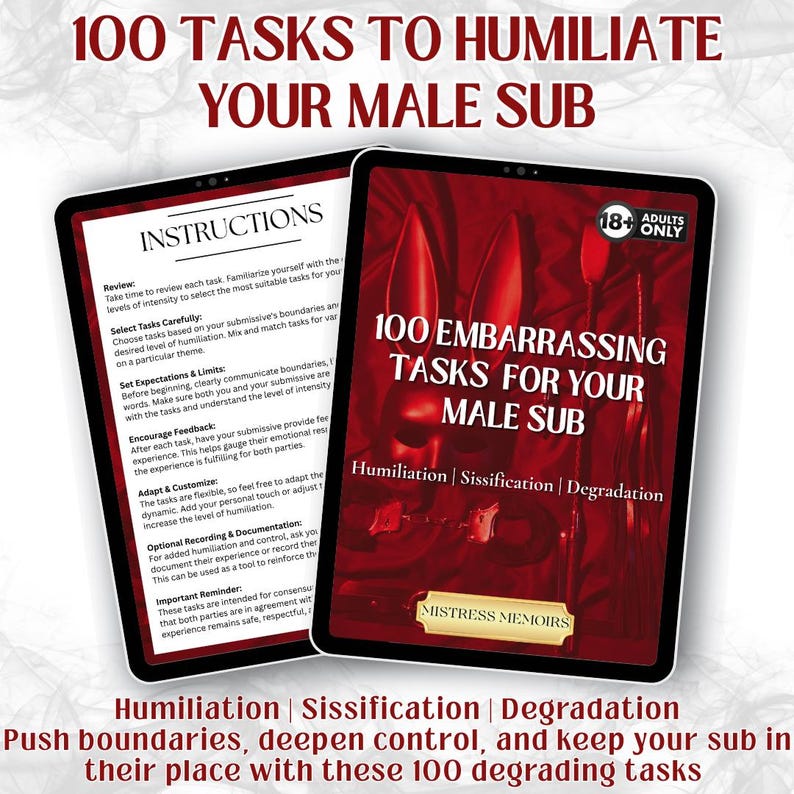 PFD of 100 humiliating femdom task list and descriptions to embarrass your male submissive. Includes sissification and degradation.