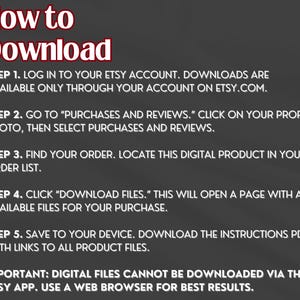 May include: A graphic with instructions on how to download digital files from Etsy. The title "How to Download" is in red and white. The steps include logging in, going to purchases, finding the order, clicking download, and saving the file.