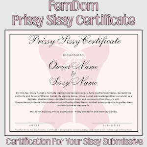 Femdom Certificate of Ownership, &quot;Prissy Sissy&quot; | Customizable Submission Certification for Sissy Subs | D/s, FemDom Editable Canva Template