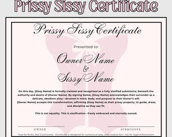Certificado de propiedad de Femdom, "Sissy Prissy" / Certificado de sumisión personalizable para Sissy Subs / D/s, Plantilla editable de Canva para FemDom