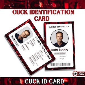 Puede incluir: Dos tarjetas de identificación novedosas con el texto "CUCK IDENTIFICATION CARD" y "CUCK ID CARD". Las tarjetas presentan una foto, un nombre y otros datos personales. La imagen incluye el texto "ADULTS ONLY".