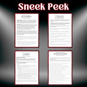 May include: A graphic with the words "Sneek Peek" in red, featuring four rectangular panels with text. The panels are framed in red and contain text under headings like "Scenarios," "Captions," "Games," and "20 Bonus Lines."