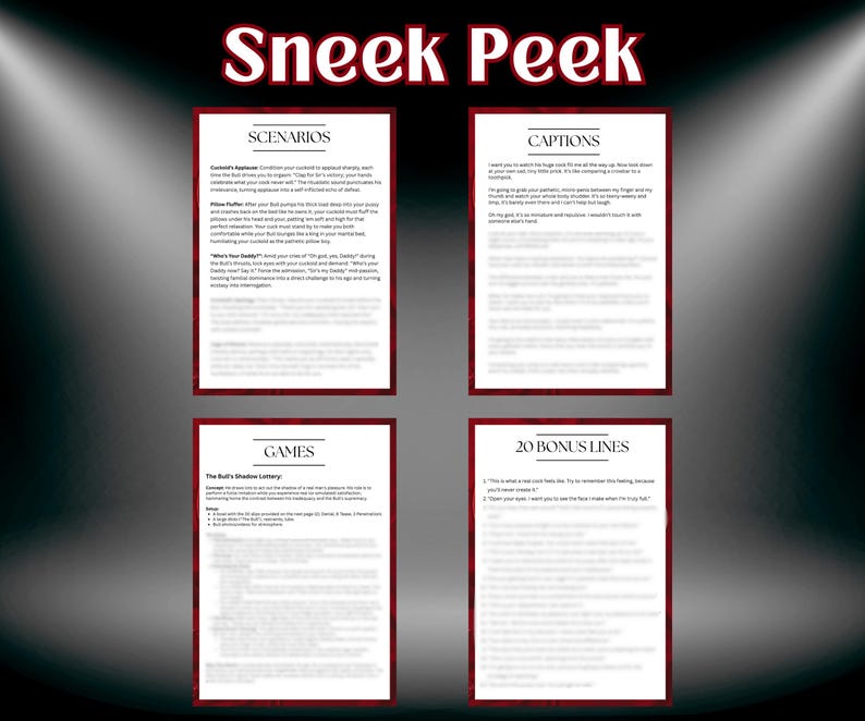 May include: A graphic with the words "Sneek Peek" in red, featuring four rectangular panels with text. The panels are framed in red and contain text under headings like "Scenarios," "Captions," "Games," and "20 Bonus Lines."