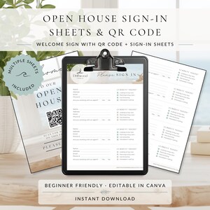 Pakket met aanmeldingsformulieren voor open huis | QR-codebord voor open huis | Canva-sjabloon voor makelaars | Welkomstbord | Direct downloaden