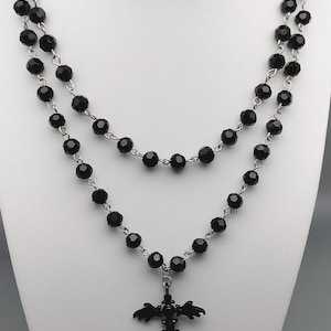 Double Strand Goth Necklace Choker Faceted Beads Bat Sword/Cross Charm Black and Silver Handmade