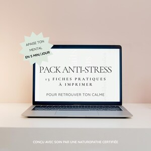 May include: A silver laptop displays the text "PACK ANTI-STRESS" and "13 FICHES PRATIQUES À IMPRIMER" on its screen. A light green starburst graphic reads "APAISE TON MENTAL EN 5 MIN/JOUR". The laptop sits on a white surface against a pink background.