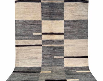 Hand Knotted Afghan Gabba Rug: Gray Beige Bohemian Wool Carpet (4.7x6.1 ft