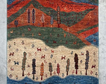 5x7 ft Hand-Knotted Gabbeh Wool Area Rug, Tribal Pictorial Carpet with Landscape Design Boho Wool Rug forLiving Room, Bedroom & Wall Hanging