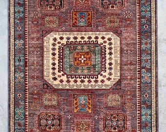 Red Hand knotted 5x7ft vintage tribal Geometric Wool rug,Boho Area Carpet in Red, Ivory and Tealfor living room, bedroom and hall way decor.