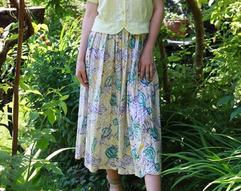 Vintage 90s rayon midi full pastel abstract print skirt with pockets