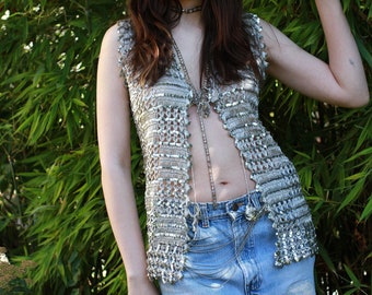 Vintage 80s boho silver tie closure open vest