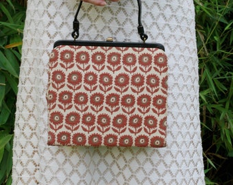 Vintage 50s folk art brocade floral pattern print black leather fabric lined sweetest little handbag