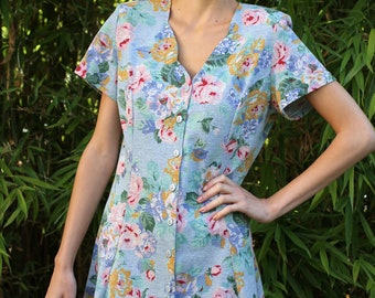 Vintage 90s women's cotton floral print short sleeve button down short summer dress
