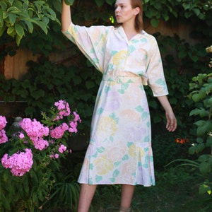 Vintage 80s pastel floral print shirtdress with pleated bottom detail image 1